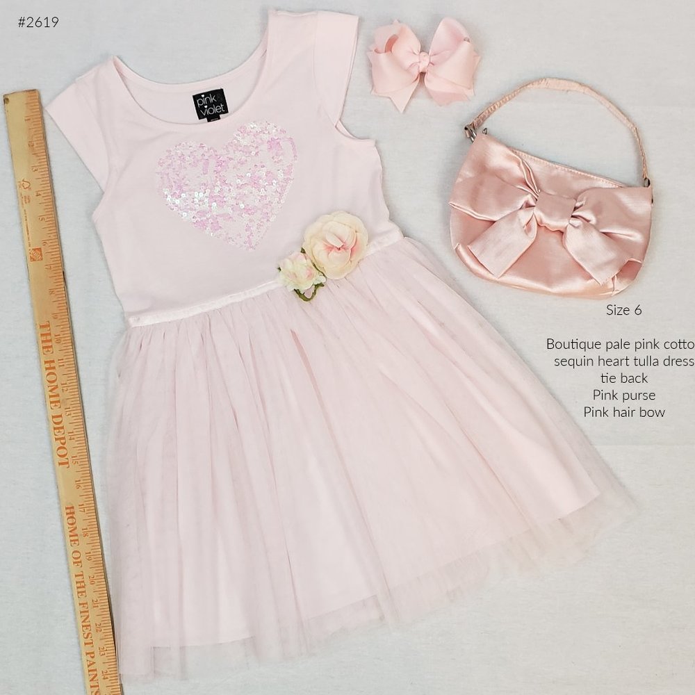 Boutique sequin heart tulle dress with bow and purse